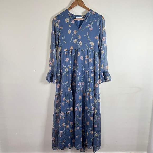 Patrons of Peace Dresses & Skirts - Patrons Of Peace Floral Tiered Maxi Dress Long Sleeve Blue Lined Womens XS Boho